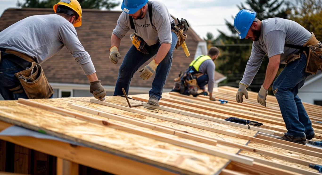 Professional roofing crew working on roof installation in Indio, CA